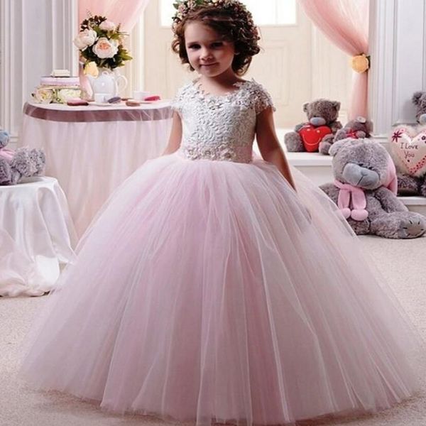

pink flower girl dress sleeveless tulle fluffy lace applique little girl party dress first holy communion prom dresses, Red;yellow