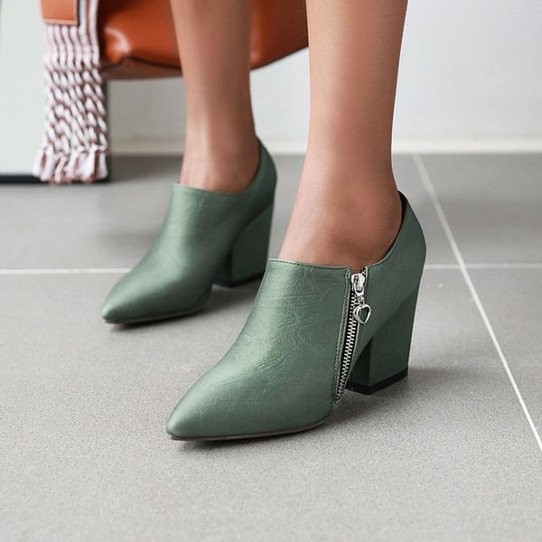 

2020 new arrival ankle boots women silk pointed toe zip chunky heels autumn winter short boots ladies dress shoes pumps maziao, Black