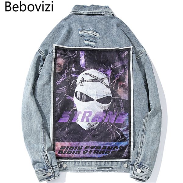 

bebovizi 2019 new style hip hop skeleton print ripped denim jacket and coats harajuku streetwear man cool jacket clothes, Black;brown