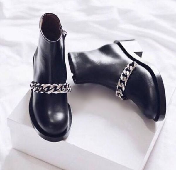 

black leather chain boots zipper low thick heels motorcycle boots 2019 winter women ridding boot shoes plus size 42