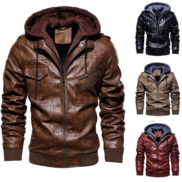 

plus size 4xl new autumn winter motorcycle leather jacket hooded pu jackets outwear men warm windbreaker baseball jackets, Black
