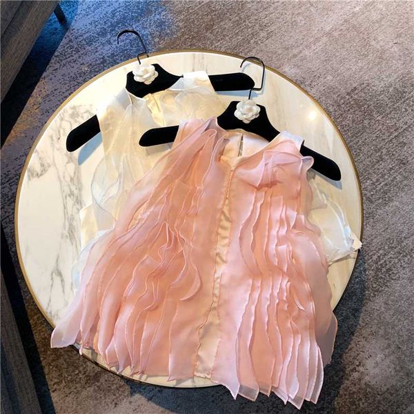 

crop women 2020 spring and summer new multi-layer ruffles slim sleeveless chiffon shirt women blouses girl lady, White