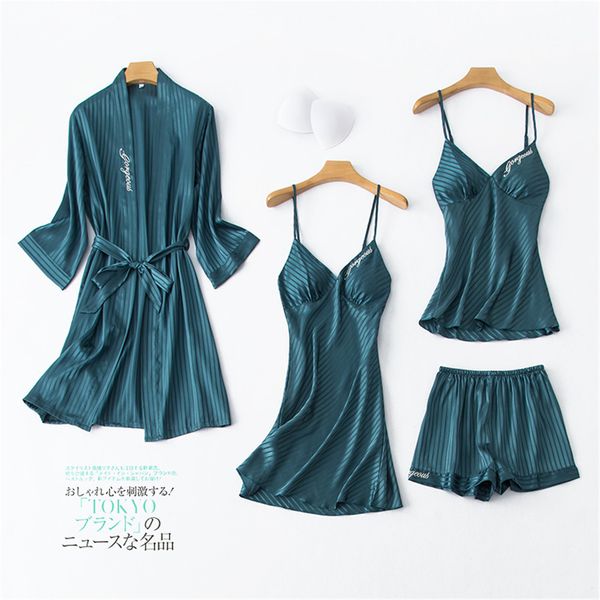

dark green satin kimono bathrobe gown for young lady embroidery bride bridesmaid wedding gown casual sleepwear 4pcs robe set, Black;red