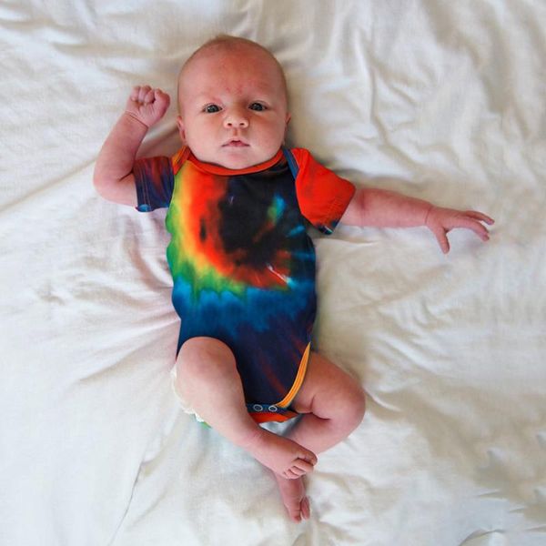 

rainbow tie-dye baby girls boys bodysuit headbands set summer infant toddler outfits newborn baby short sleeve bodysuits set, White