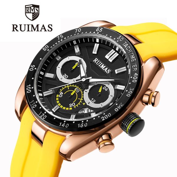 

ruimas men watch yellow mens quartz sports fashion watches chronograph clock man waterproof wristwatch, Slivery;brown