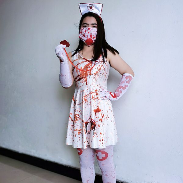 

halloween terror suspenders nurse dress stethoscope headband gloves sockings cosplay set women fashion clothes, Silver