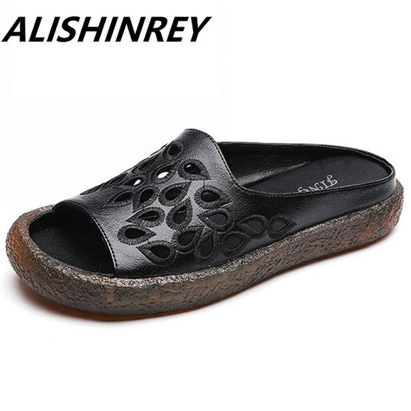 

alishinrey 2020 summer new genuine leather women slippers solid open toe zapatillas mujer soft bottom non-slip hollow femme slip, Black
