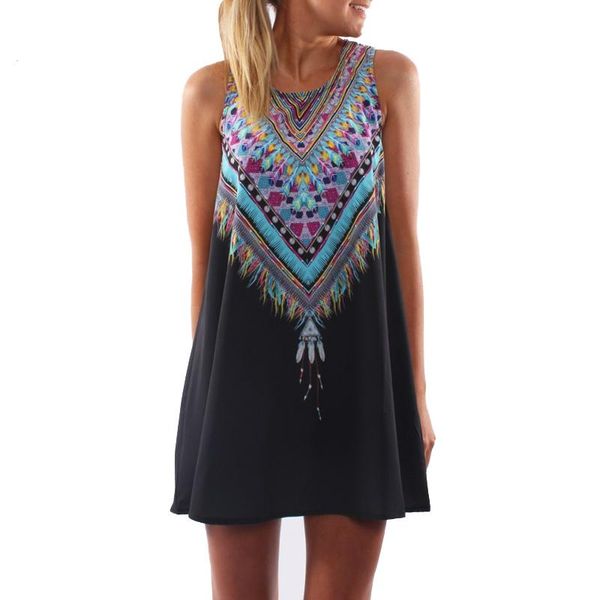 

2018 new women summer dress sleeveless a-line dresses elegant bohemian beach dress female fashion casual print dress puls size s-5xl, Black;gray