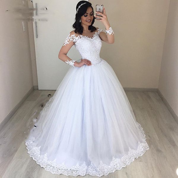 

vintage wedding dress for women sheer long sleeves 2019 lace appliques beads puffy a line bridal dresses gown vestido de noiva, White