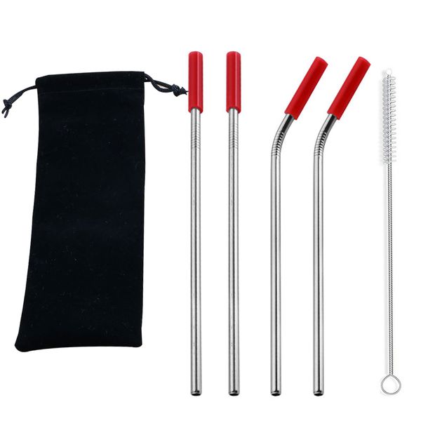 

4pcs eco friendly reusable straw stainless steel straw metal drinking straws set with brush & bag