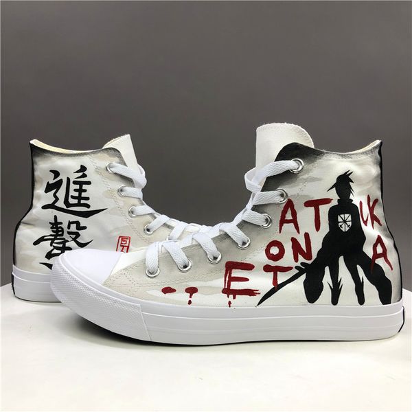 

wen women men vulcanized shoes hand painted attack on titan anime shoes high cross straps espadrilles flat sneakers, Black