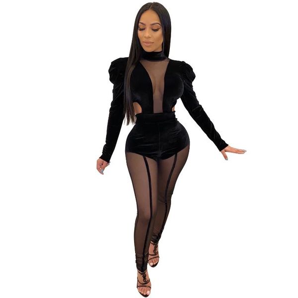 

articat deep v mesh patchwork jumpsuit women long sleeve turtleneck pleuche bodycon rompers club party winter jumpsuit, Black;white