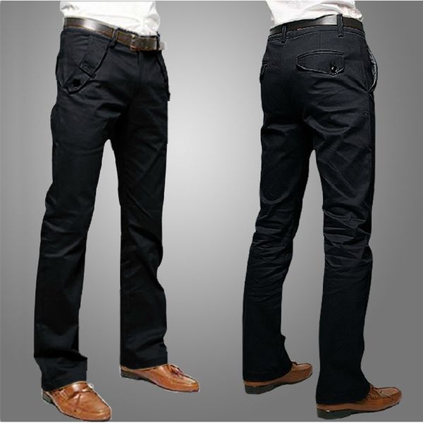 

men's business straight pants slim fit plus size office solid color trousers multi pocket button work casual pants, Black