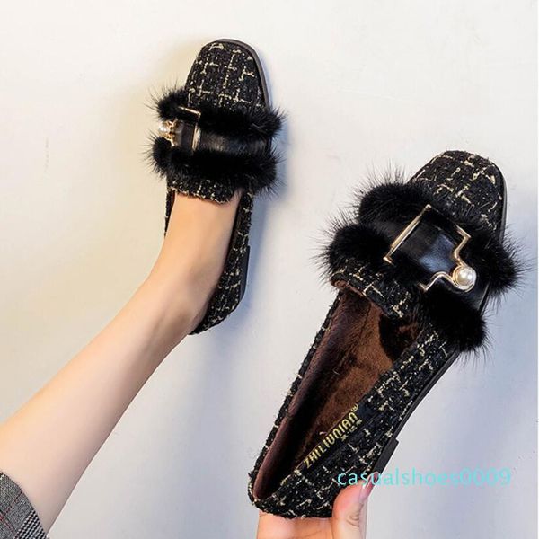 

mules shoes black/white mixed color fur flats women pearl buckle plush winter shoes comfy moccasins furry loafers women c09
