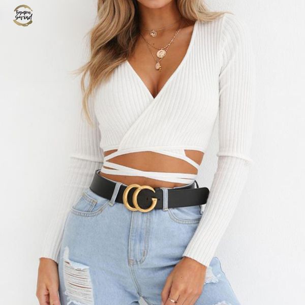 

v neck long sleeve shirt women autumn lace up wrap shirt ribbed winter women, White