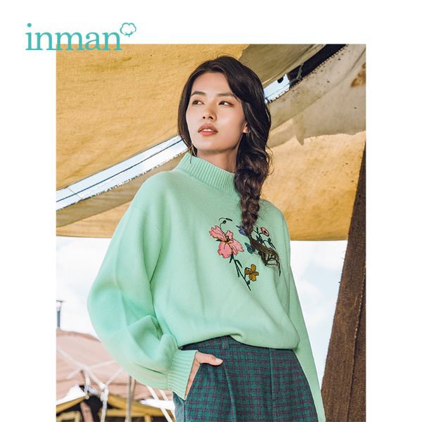 

inman autumn winter new arrival high collar literary embroidery loose woman pullover sweater, White;black