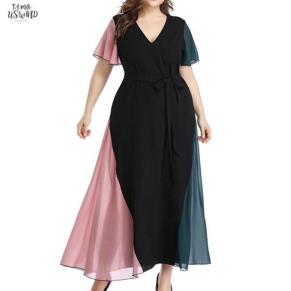 

womens summer fashion large size chiffon v neck lace short sleeved dress casual dress woman summer dresses long casual, Black;gray