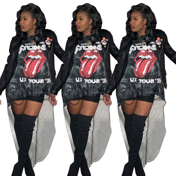 

rock ladies hi-lo party dress designer printed big tongue dresses summer fashion ripped short sleeve dresses, White;black
