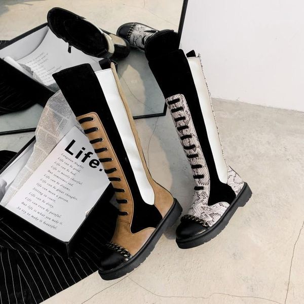 

zetmtc brand shoes woman knee high boots lace-up fashion shoes 2020 women western round toe flat with winter long boots, Black