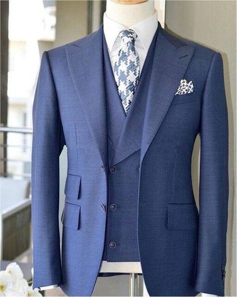 New Real picture Due bottoni blu smoking da sposo smoking picco groomsmen mens abiti da smoking da uomo (giacca + pantaloni + vest + cravatta) 486