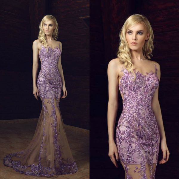 Tony Chaaya Light Purple Mermaid Prom Kleider Sheer Neck Lace Appliques Formelle Abendkleider Cocktail Party Kleider