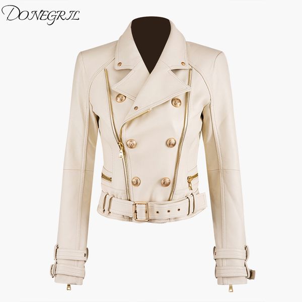 

2019 autumn winter women pu leather jacket ladies double breasted zipper leather jacket, Black