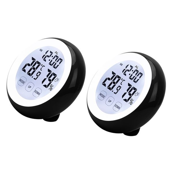

2xround multi-function bedside temperature humidity touch alarm clock black