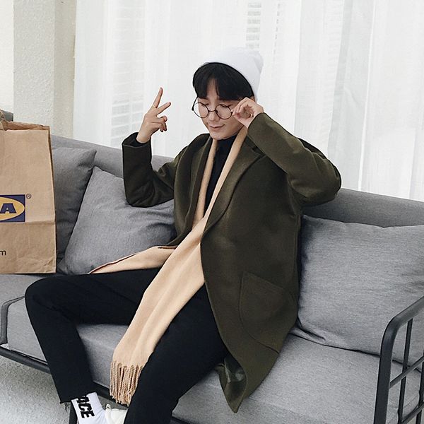 

2019 winter new trend retro men loose casual harajuku solid color student couple thick lapels wool coat, Black