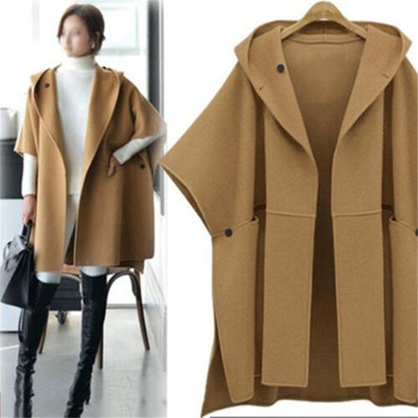 

5x lwomen loose batwing sleeve wool blends poncho winter warm coat elegant solid color fahion streetwear cloak cape outwear, Black