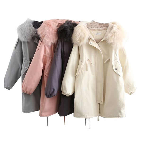 

winter new large version of loose long-sleeved large fur collar long coat jacket zipper cotton clothing, Black