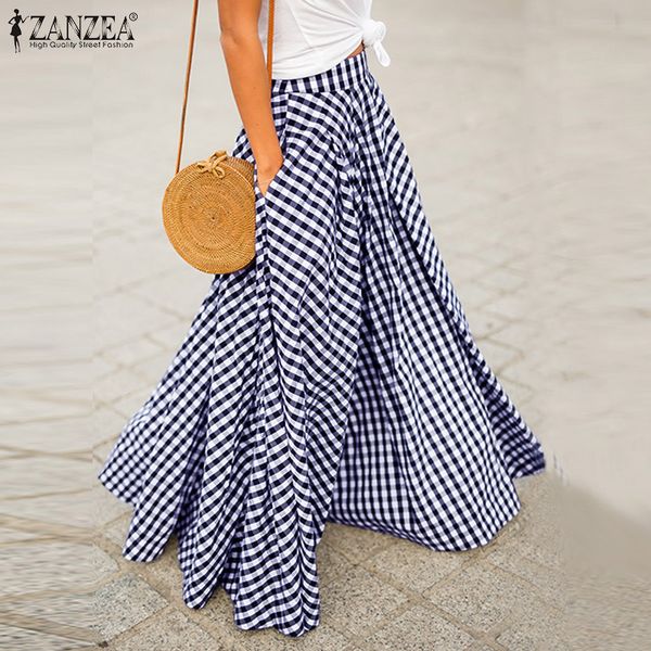 

fashion women's check skirts zanzea 2020 spring pleated long vestidos female casual back zip maxi shirts plus size faldas saia, Black