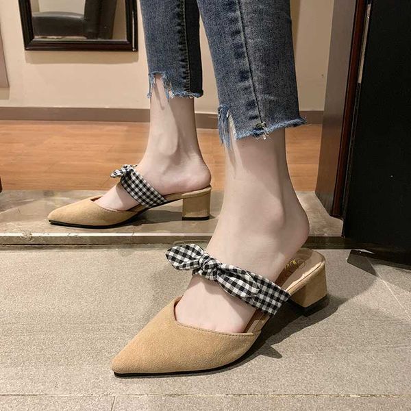 

pointed toe slippers casual female shoes low butterfly-knot slides mules for women 2020 flock luxury new spring fashion pu hoof, Black