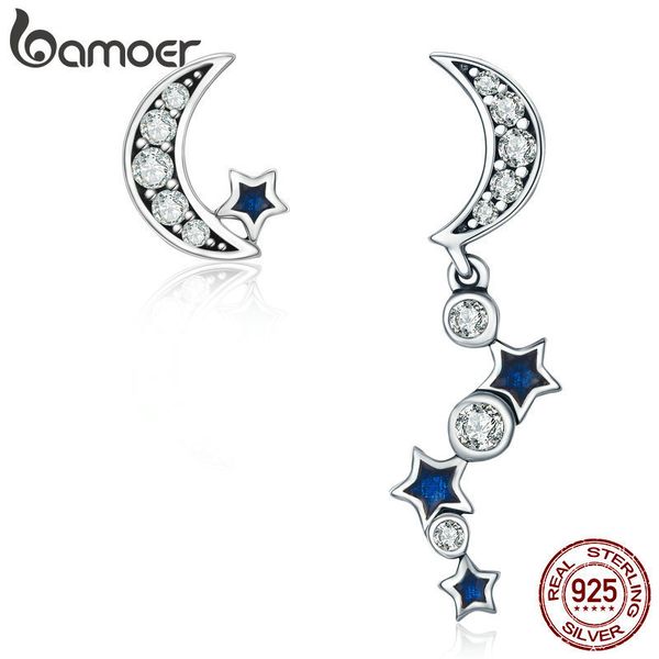

bamoer authentic 925 sterling silver crescent half moon & star dazzling blue cz drop earrings for women jewelry bijoux sce127 c19041101, Golden