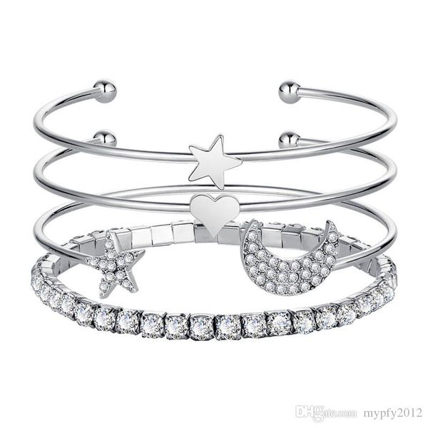 

new 4pcs/set moon star bangles & bracelets for women punk fashion simple design micro zircon elastic bangle hz, Black