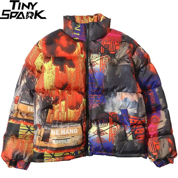 

2019 hip hop jacket parka fire graffiti print men winter windbreaker streetwear harajuku padded jacket coat warm outwear hipster, Black