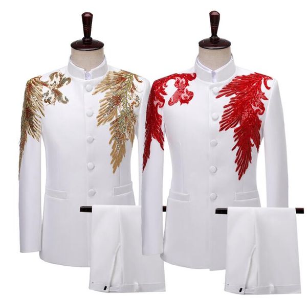 

singer men suit set with pants mens wedding suits stage costumes sequin embroidery chorus slim formal dress men's groom suit, White;black