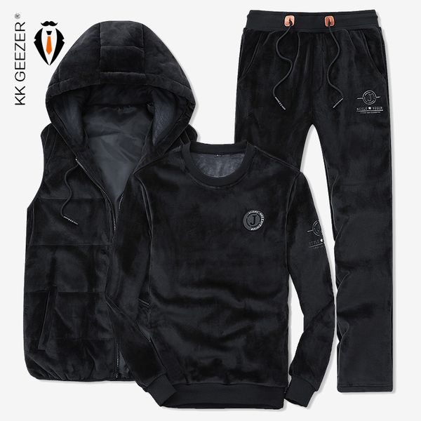 

men sweatshirt suit mens vests leisure coat men winter thick pleuche fabric fashion sport (sweatshirt+pants+vest, Gray