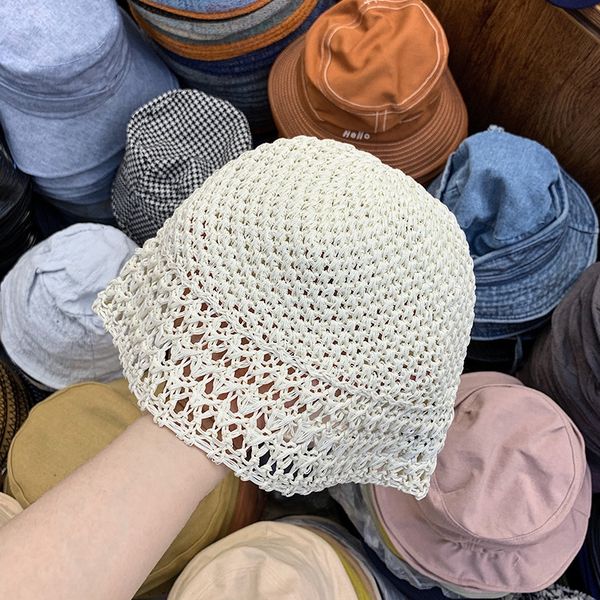 

designed thread handmade crocheted fisherman straw fisherman hat women all-match casual sunshade breathable straw hat, Blue;gray