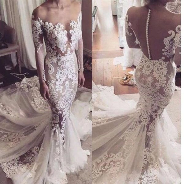 

mermaid off shoulders wedding dresses with sleeves for bride 2019 lace covered back sweep train tulle appliqued wedding dress bridal gowns, White