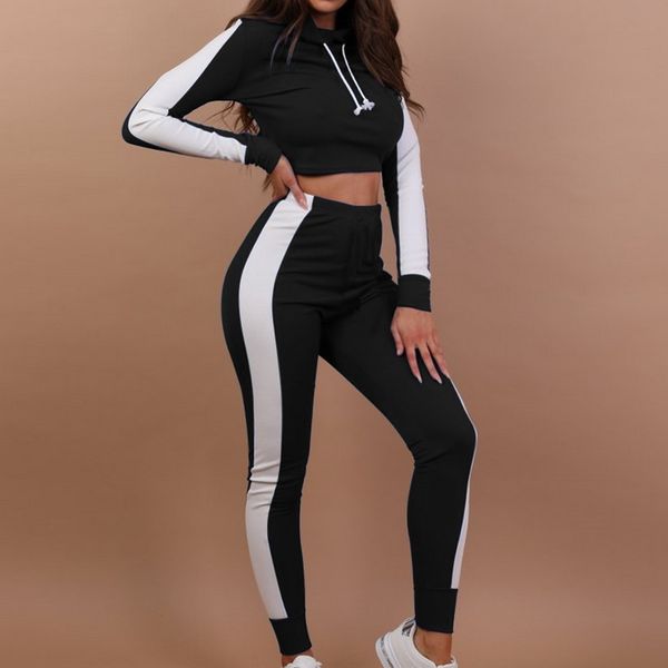 

2018 new women set fashion hooded crop shirt high waist pants sportswear 2 pcs long sleeve sweatshirt pants tracksuit, White