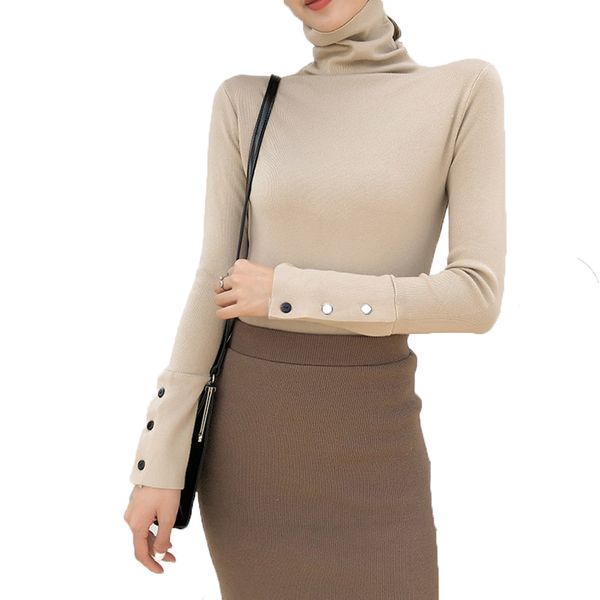 

women blouse solid three button fashion sweater long sleeve knit turtle neck autumn winter ladies all match, White;black