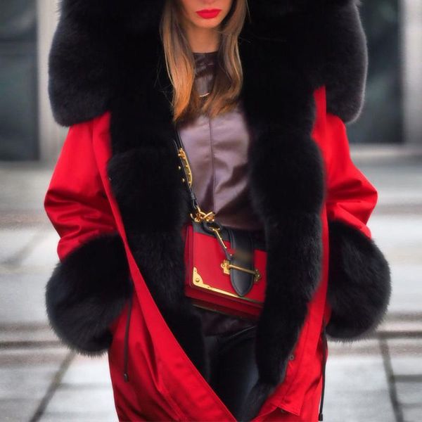 

fashion hooded faux fur collar color matching long sleeve pocket coat, Black