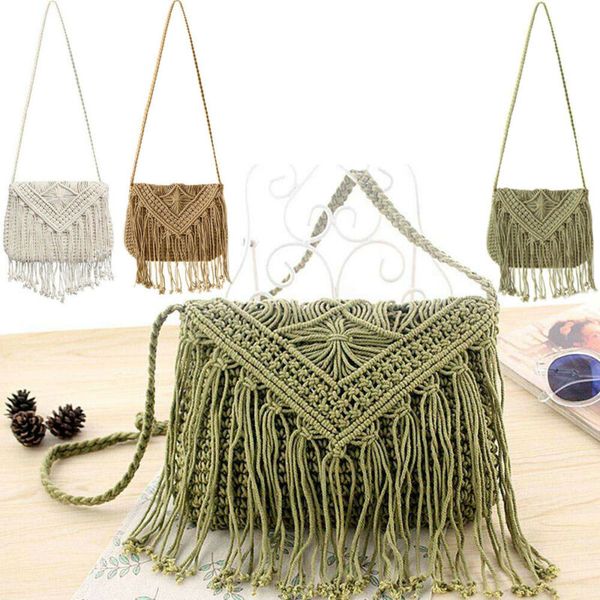 

women woven vintage tassel shoulder handbags flap solid color crossbody bag hot