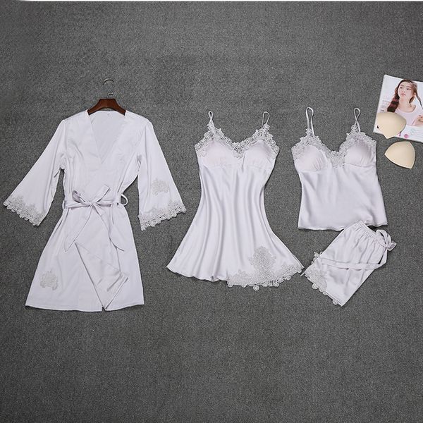 

2018 new robe sleepwear sets spring womens 4 pieces strap pants suit casual pajamas nightwear kimono bath gown -2xl, Blue;gray