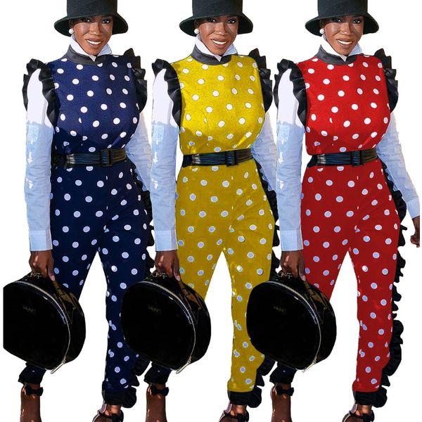 

mono mujer summer style polka dot print rompers womens jumpsuit long pants ruffles turtleneck tank bodysuit ruched side, Black;white