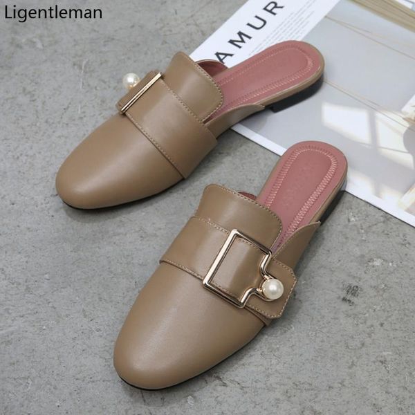 

flat sandals women shoes 2020 summer new khaki leather round toe square buckle pearl buckle half slippers fashion women shoes, Black