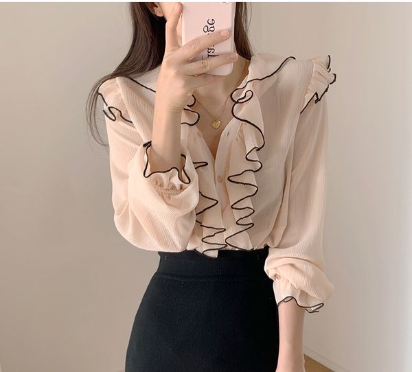 

spring temperament elegant v-neck ruffled chiffon shirt pink long sleeve shirt women, White