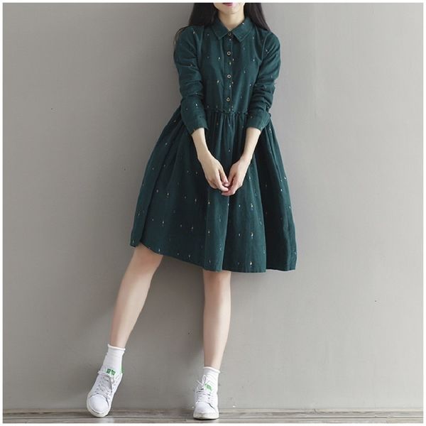 

summer dress women designer clothes vintage women 2019 loose dress character full sleeve casual femininos corduroy green dress, Black;gray
