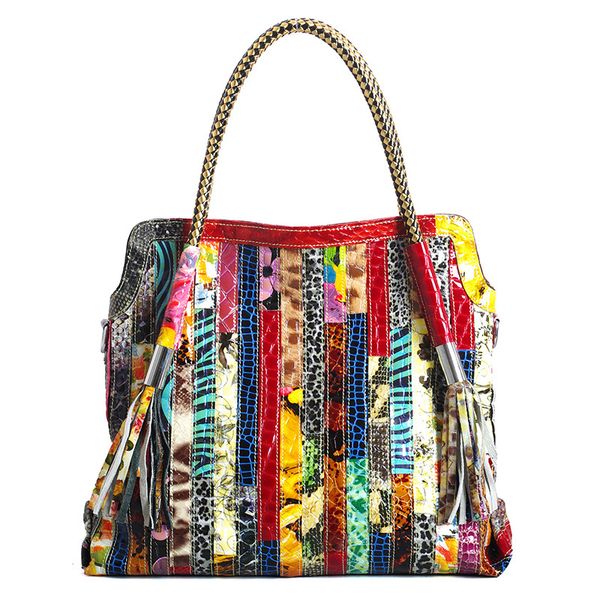

europe and the united states the new split cowhide medium color handbags striped women's portable cross-body bag