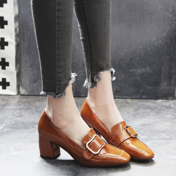 

high-heeled shoes female thick with spring new patent leather british wind women's shoes metal buckle commuter shoes retro, Black